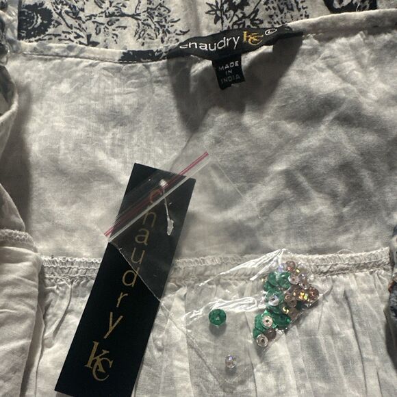 Chaudry KC Babydoll Mini Dress Size Large Sequin Pleated Bubble Hem Cottage Boho - Picture 12 of 14